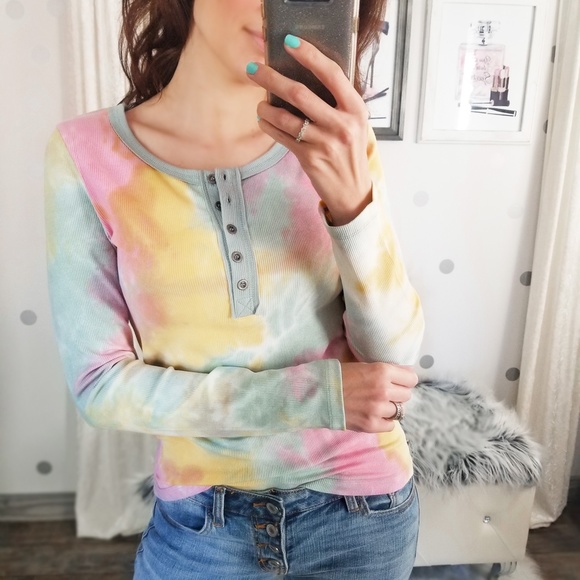 Fall Rib Knit Tops Tie Dye Henley Top Women’s Casual Button Up Tops - Picture 2 of 5